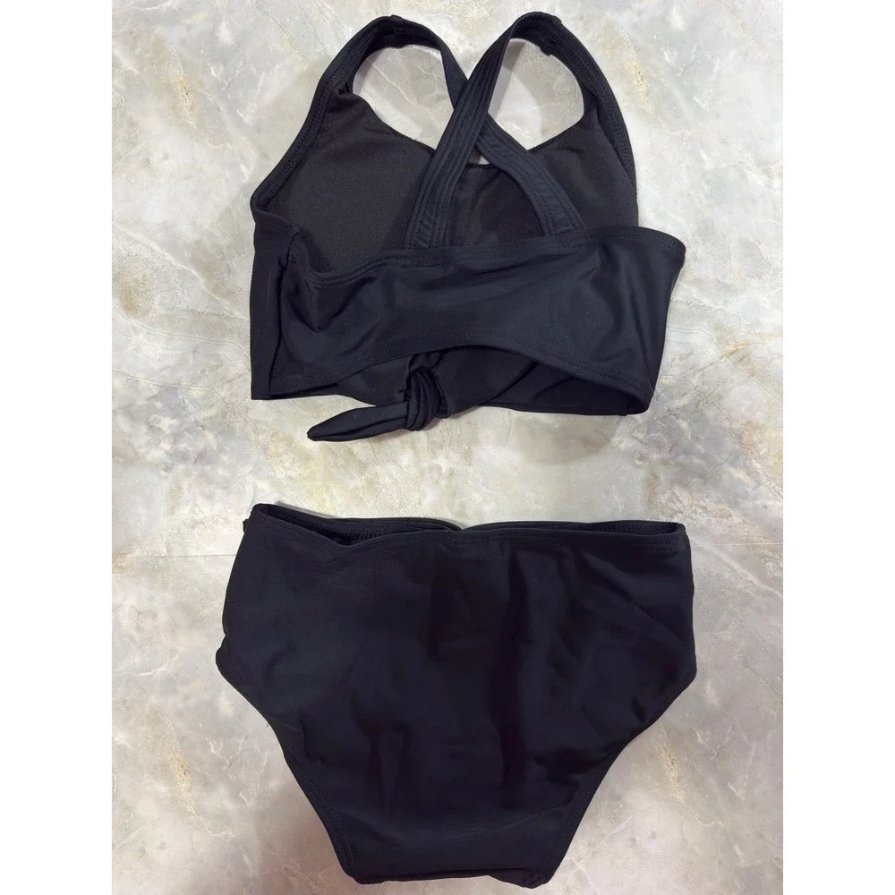 Girls Black Swimsuit‎ Set, Crisscross Back Tankini, Knotted High Waisted 6-7Y